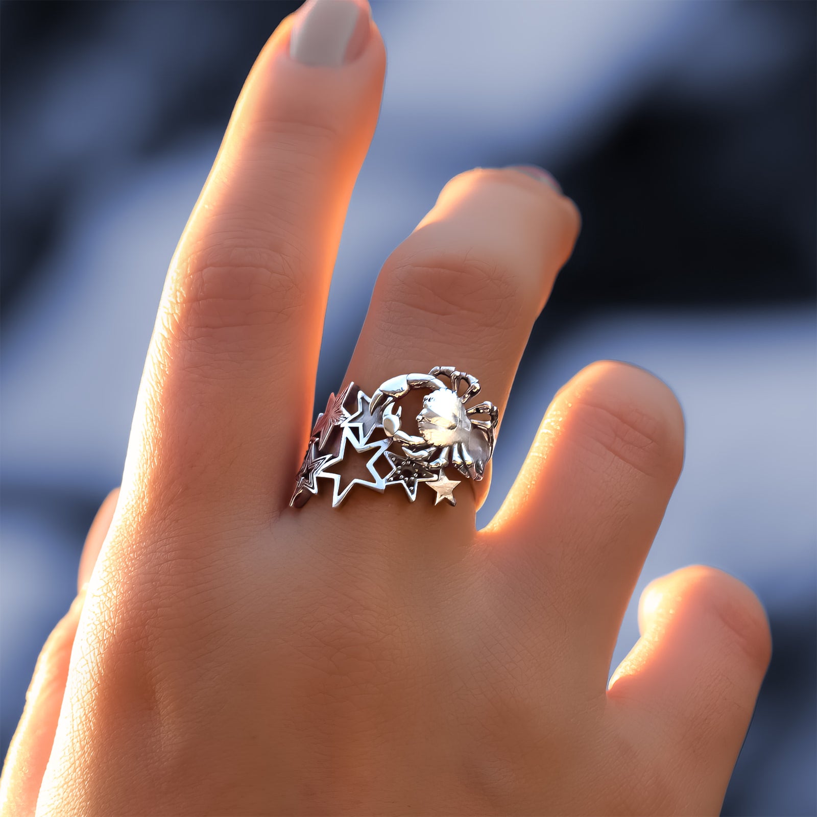 Cancer horoscope statement ring in sterling silver with stars and with crab detail, June July birthday, CITIMI