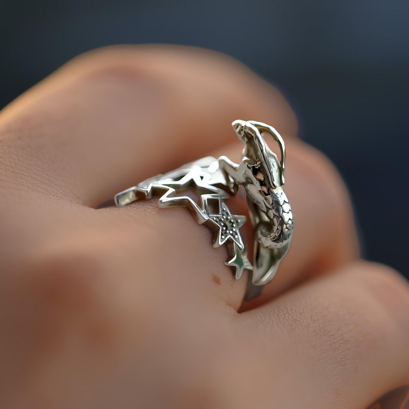 celestial Capricorn silver birth month ring with sea goat figure on hand, personalized gift, CITIMI
