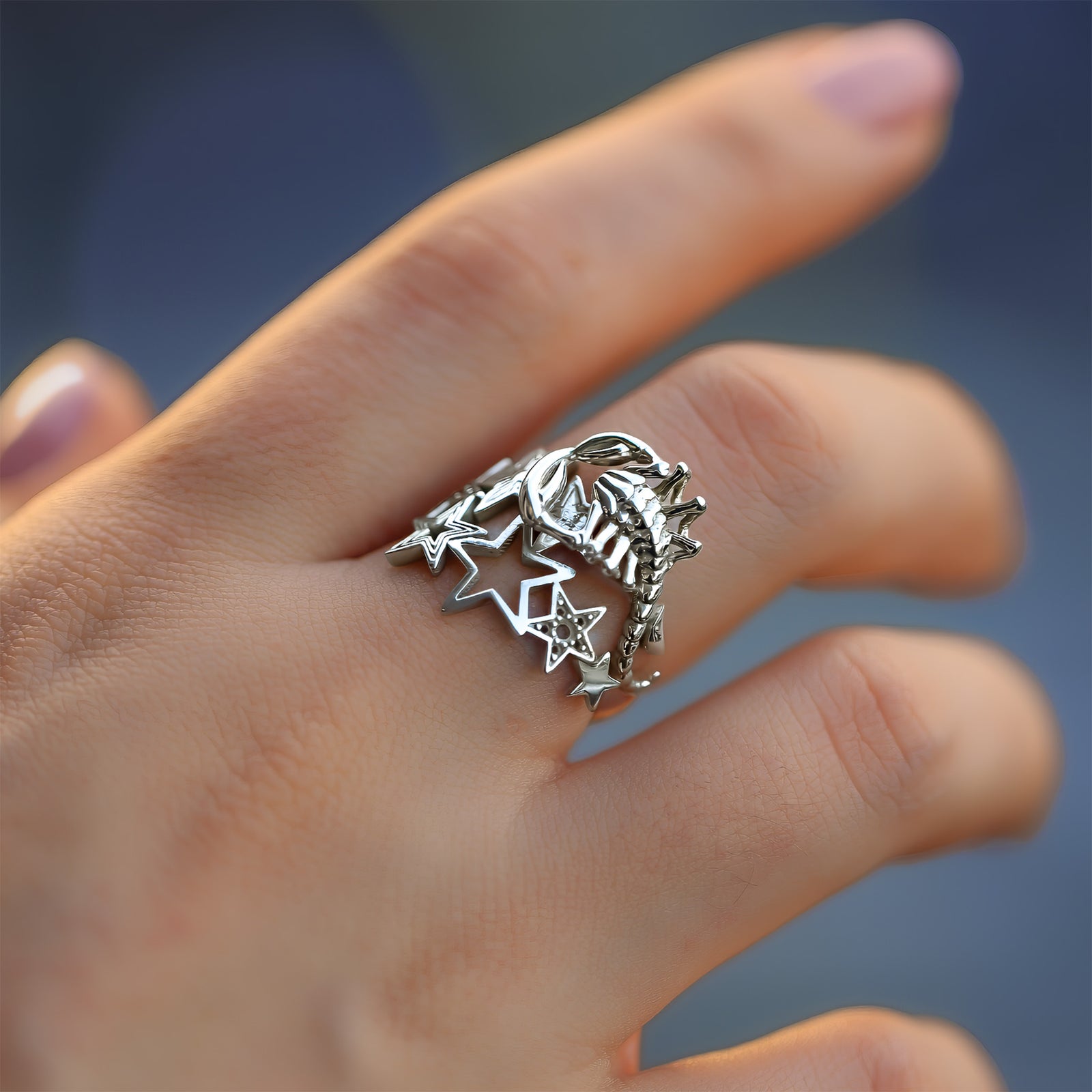 Adjustable Silver Scorpio ring with scorpion detaill and stars, gift for October Novenber birthday, CITIMI