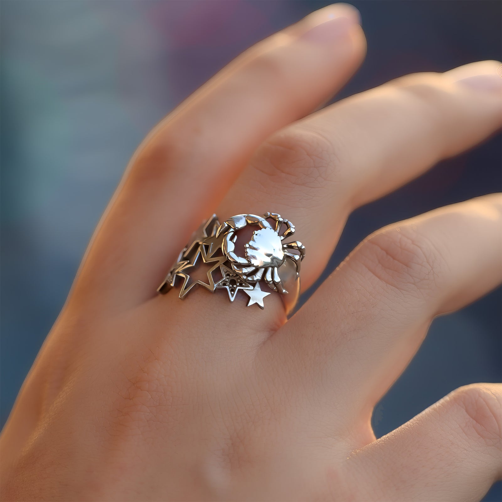 silver astrology ring Cancer with star celestial designs, gift for her, CITIMI