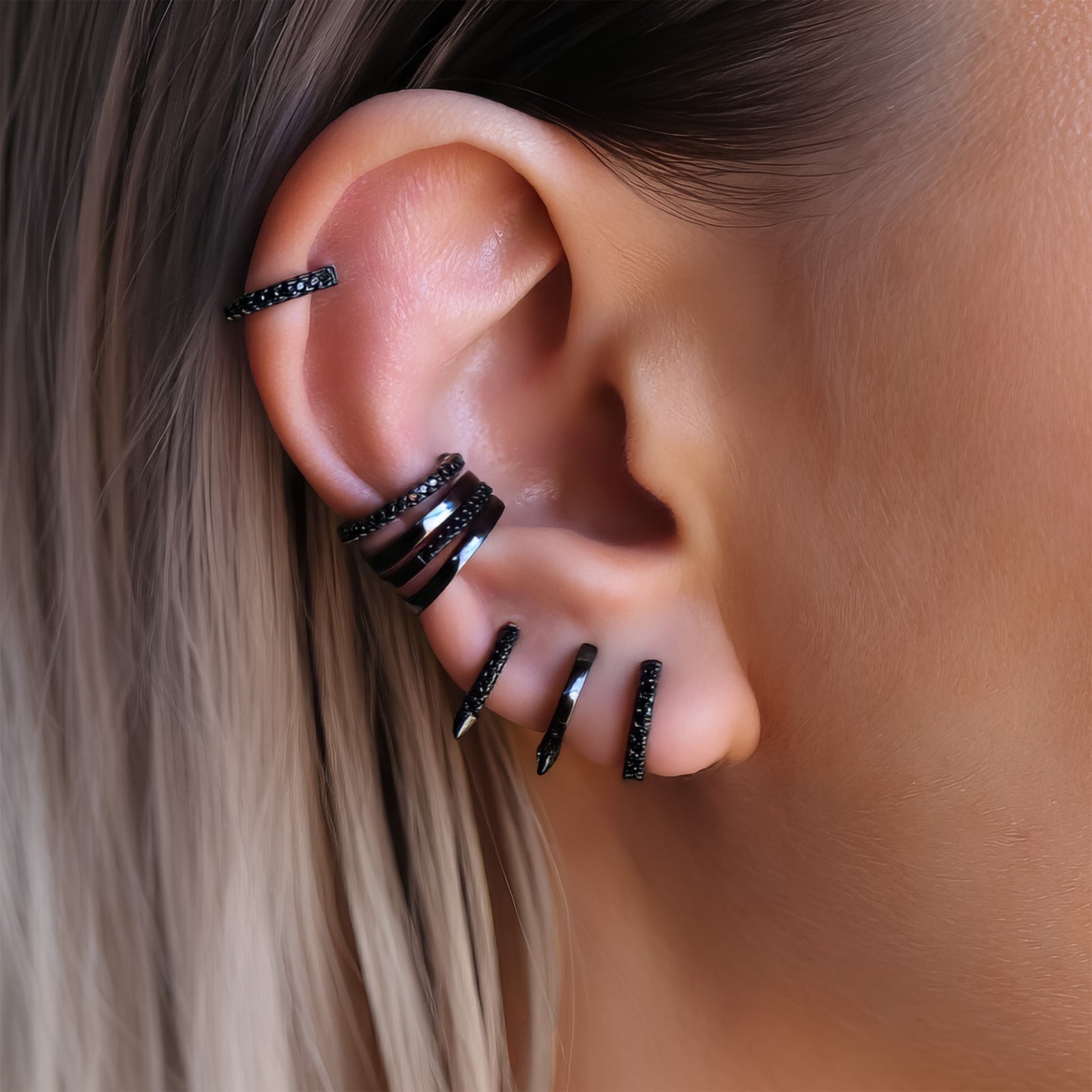 Black Spike Huggie Hoop Earrings for Multiple Piercings