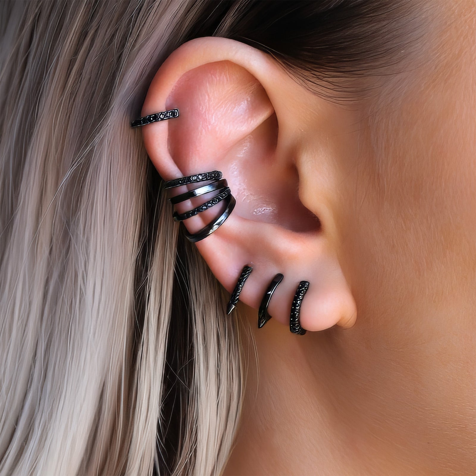 Black Spike Huggie Hoop Earrings for Multiple Piercings