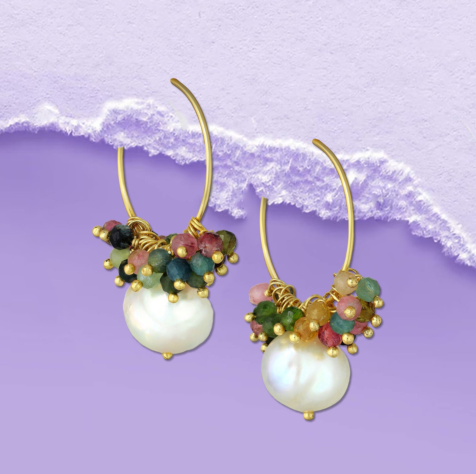 Pearl hoop earrings, Tourmaline hoop earrings