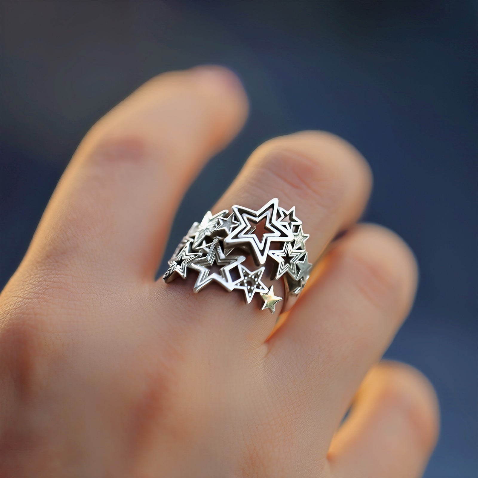 Woman wearing silver Adjustable celestial ring with constellation stars, gift for her, CITIMI