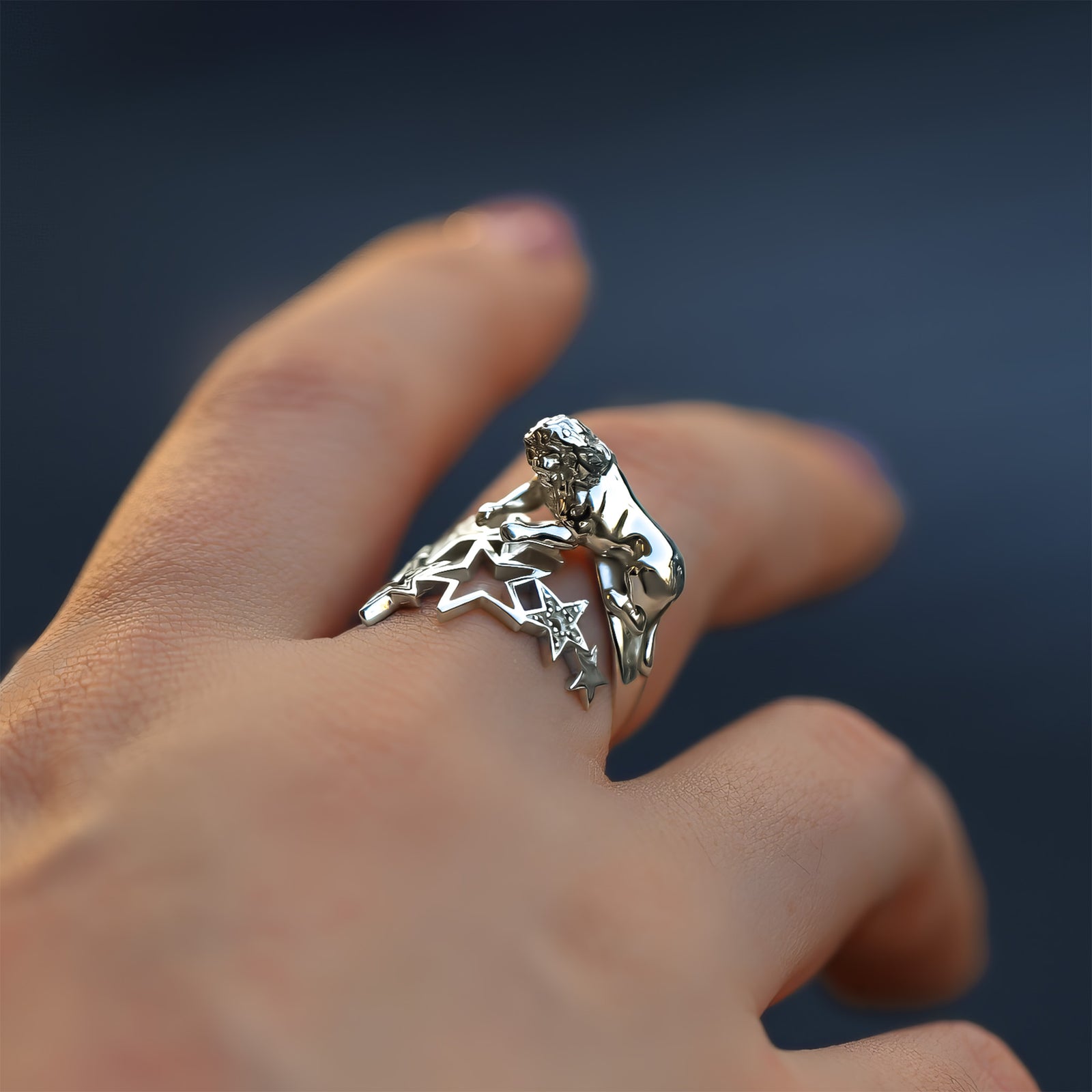 Sterling silver astrology leo ring with lion figure and stars, July August birthday gift, CITIMI