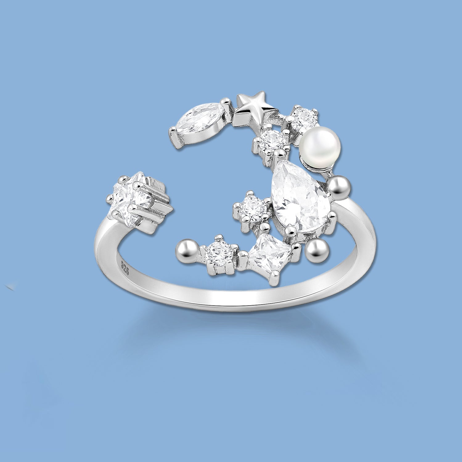 Silver Moon and Star Ring