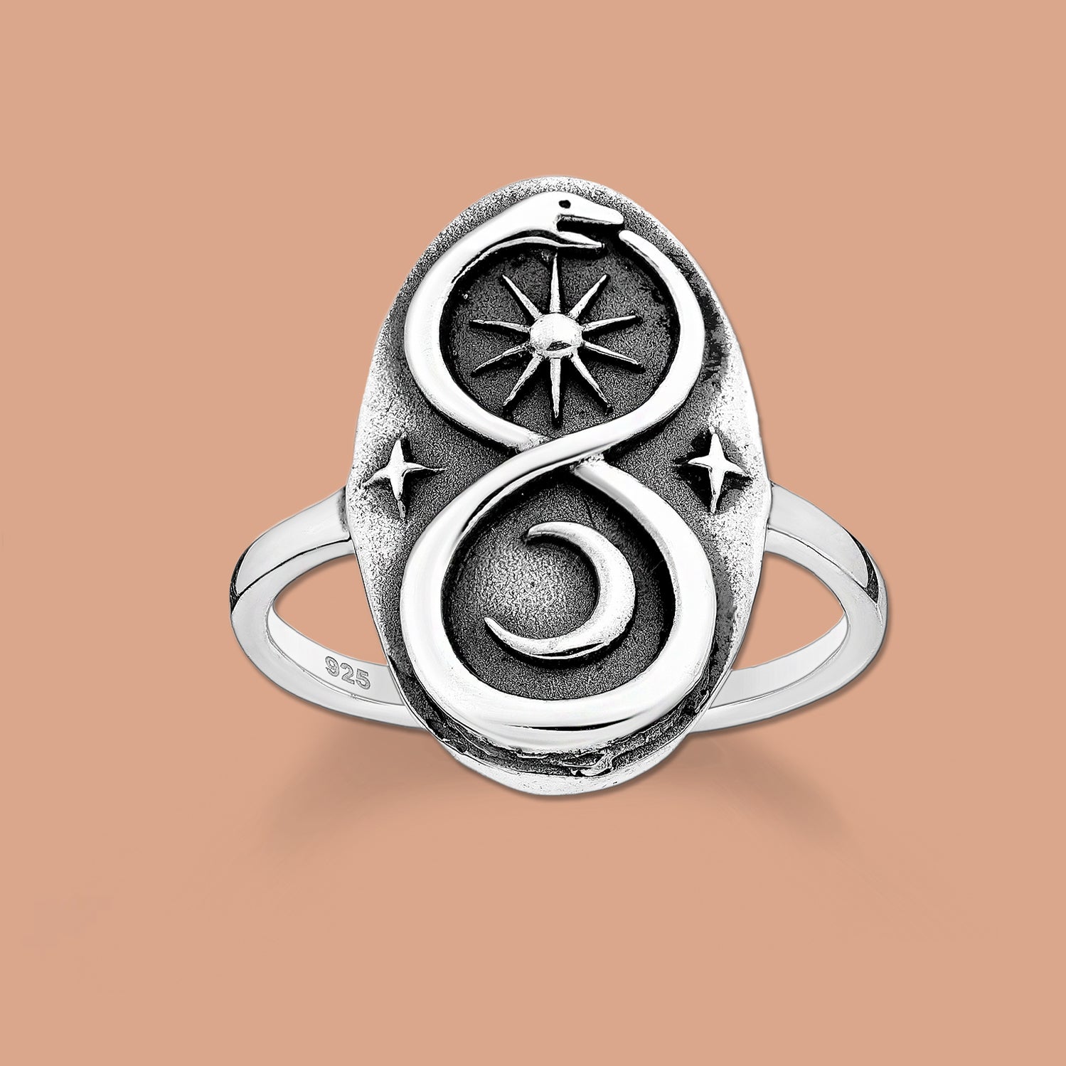 Silver Ring Infinity, Crescent Moon, Ouroboros and Star