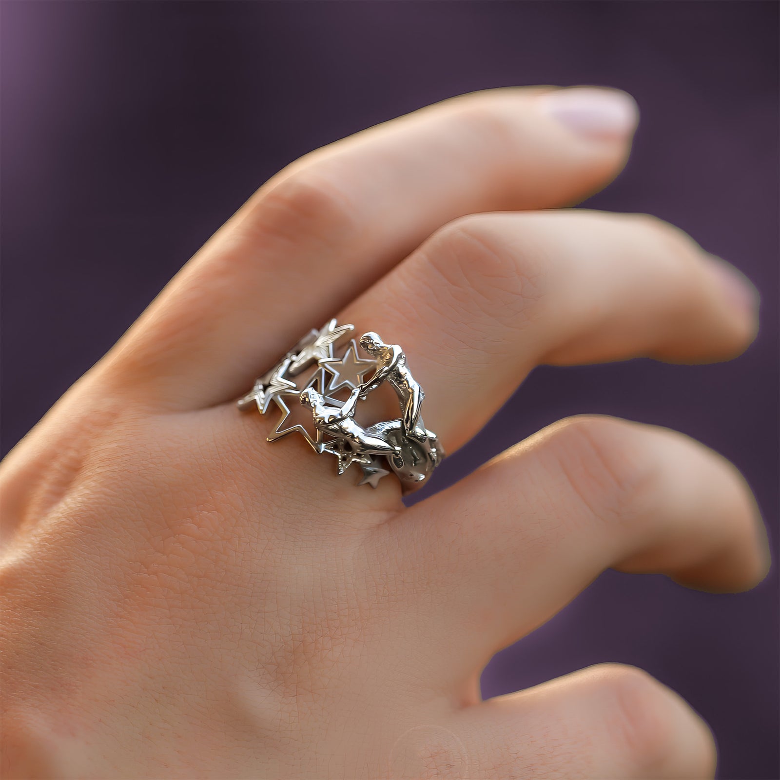 Gemini constellation ring in 925 silver with twins figures and stars on hand, Pride Gift, May June birthday gift, CITIMI