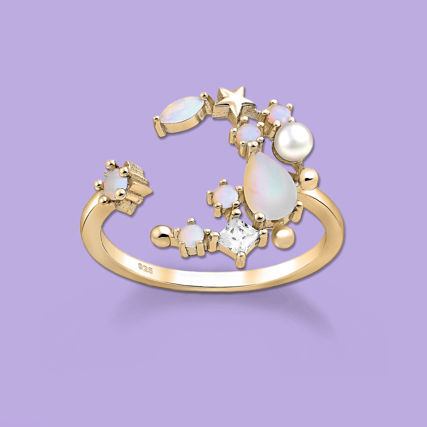 925 Sterling Silver Moon Star Ring