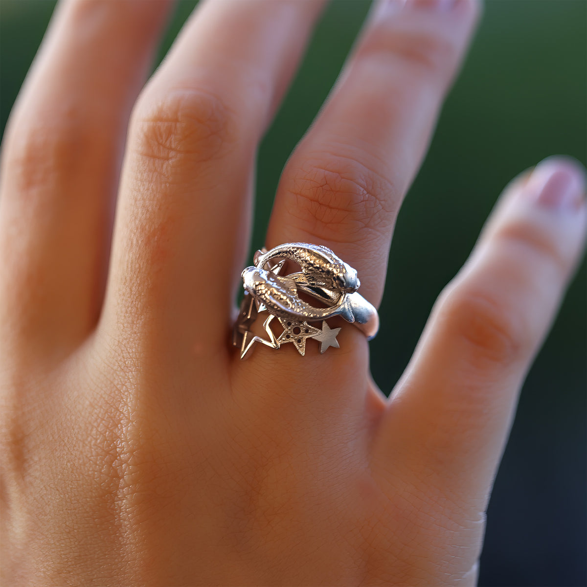 Woman wearing silver zodiac ring with Pisces constellation stars,  personalized gift, CITIMI