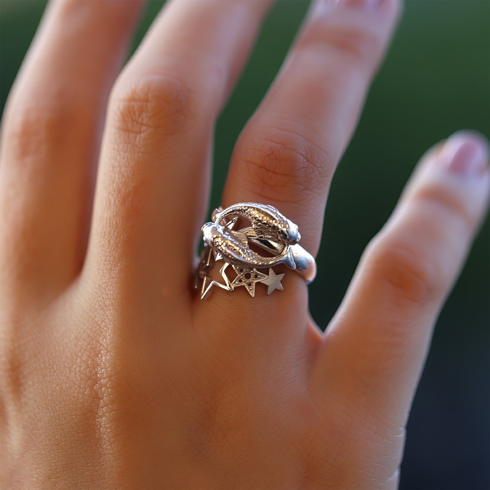 Woman wearing silver zodiac ring with Pisces constellation stars,  personalized gift, CITIMI
