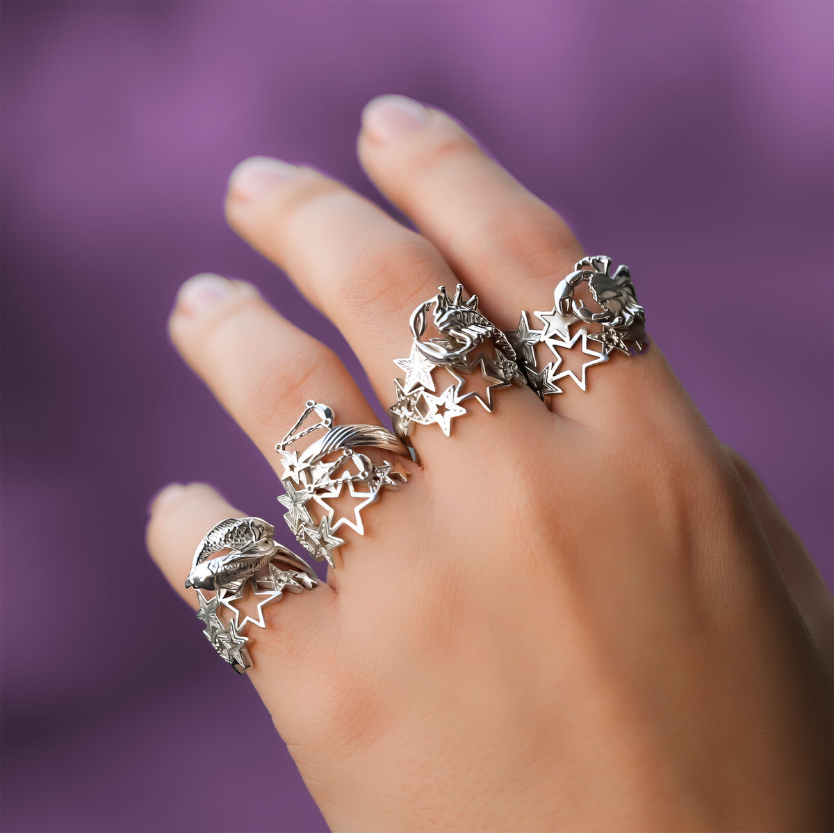 Silver zodiac sign rings collection stacked on fingers with star designs, personalized gift, CITIMI