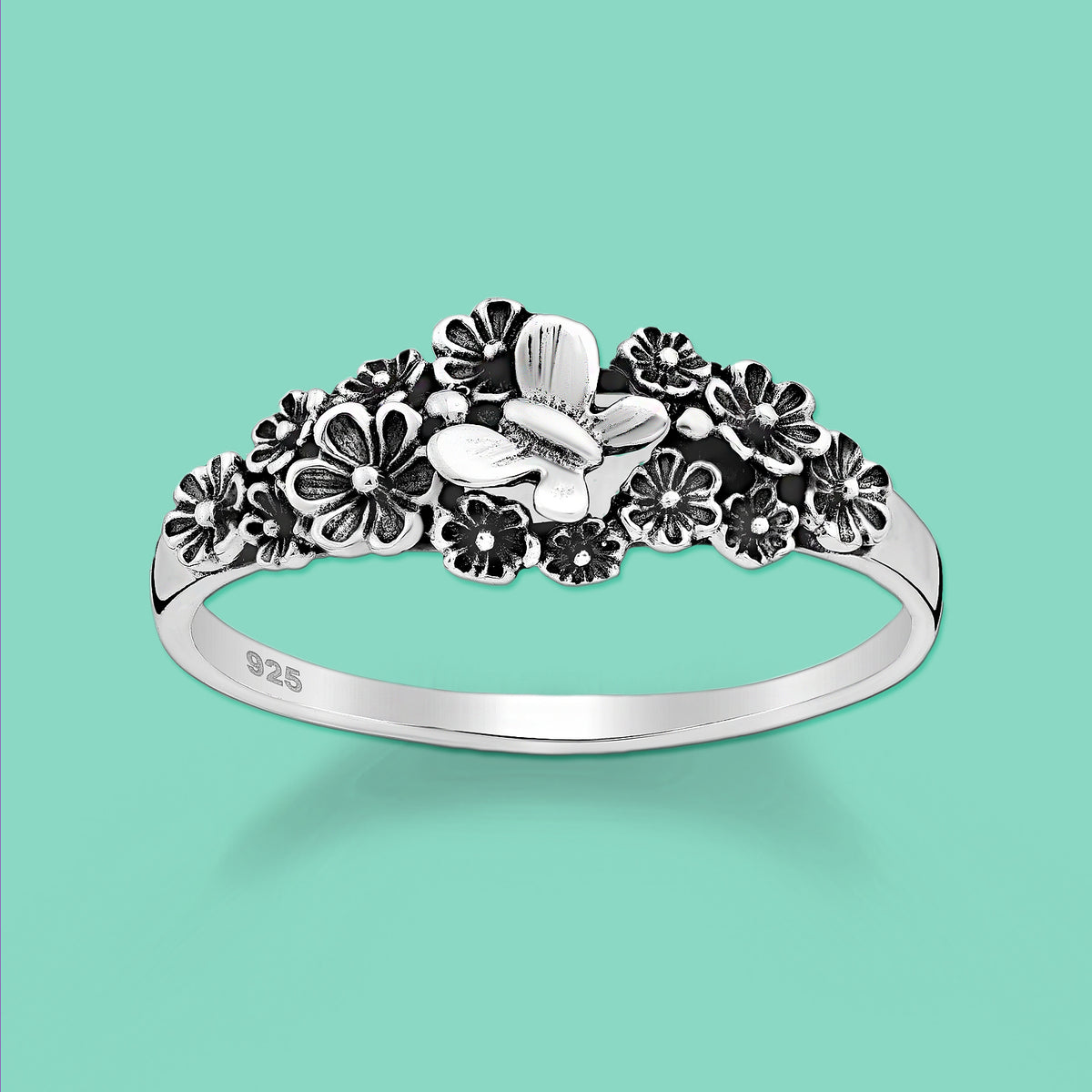 Butterfly and Flower Silver Ring 