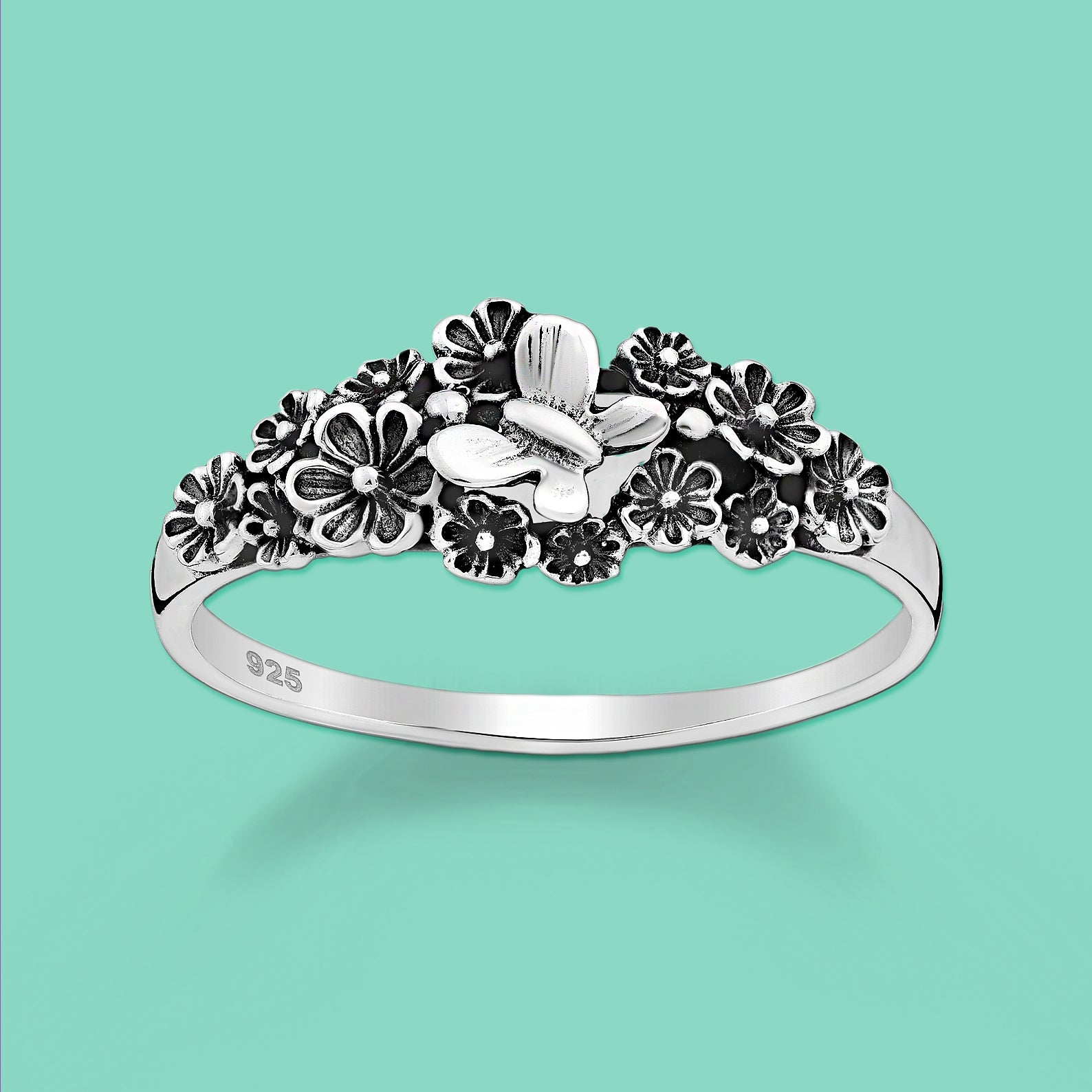 Butterfly and Flower Silver Ring 