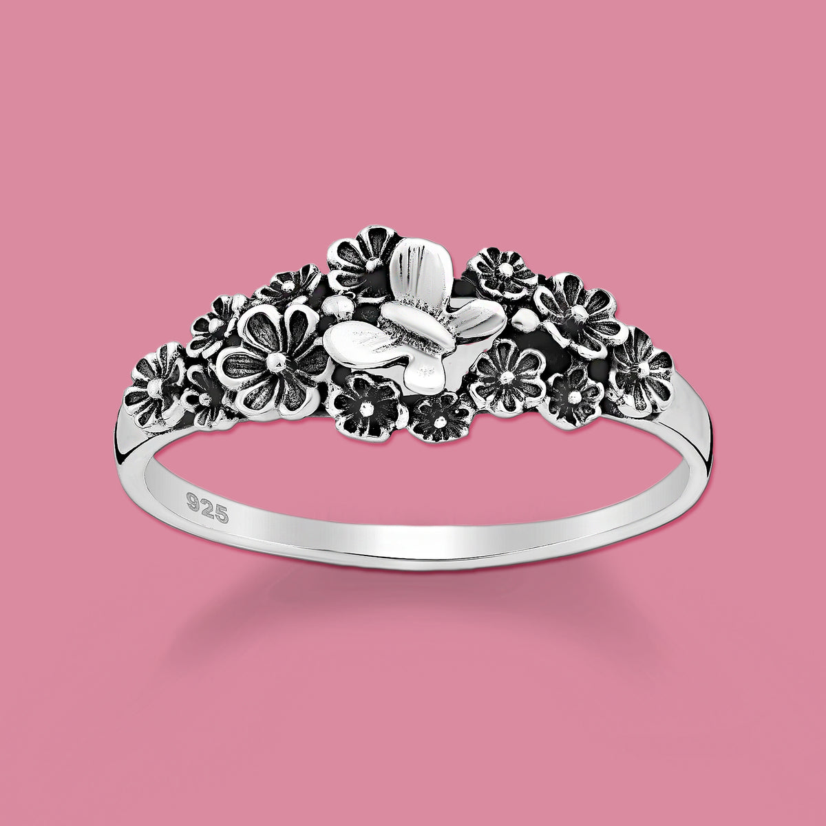 Butterfly and Flower Silver Ring