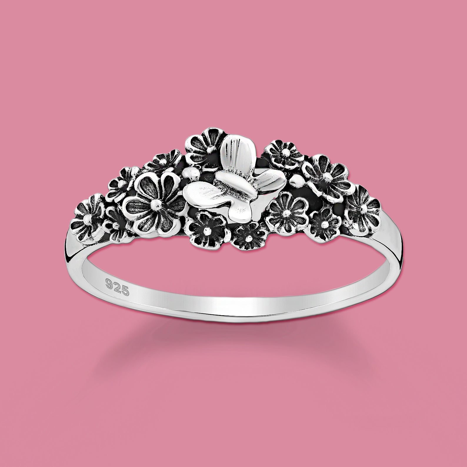 Butterfly and Flower Silver Ring