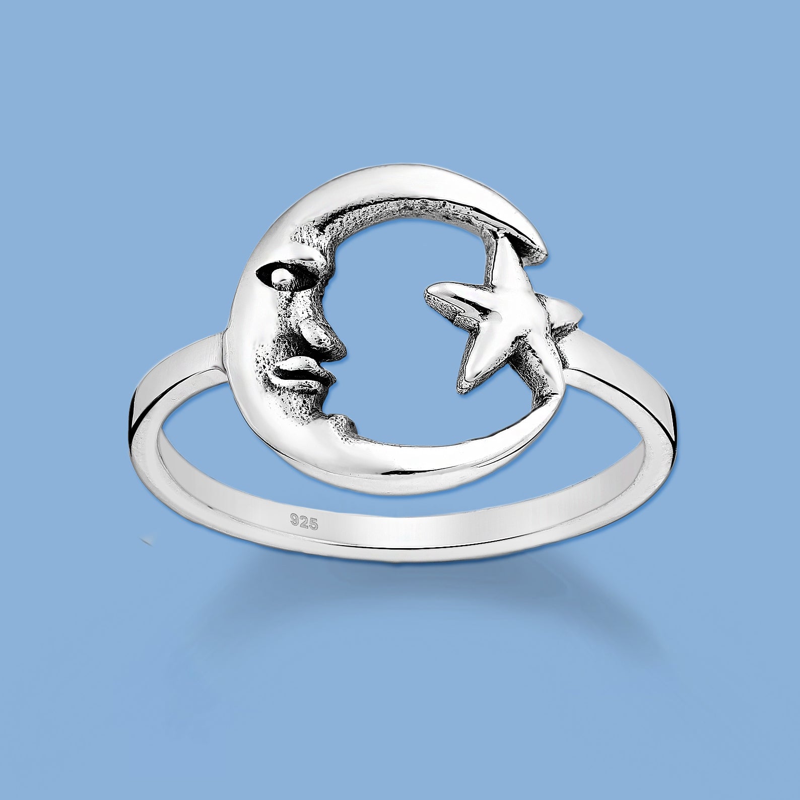 Crescent Moon and Star Silver Ring