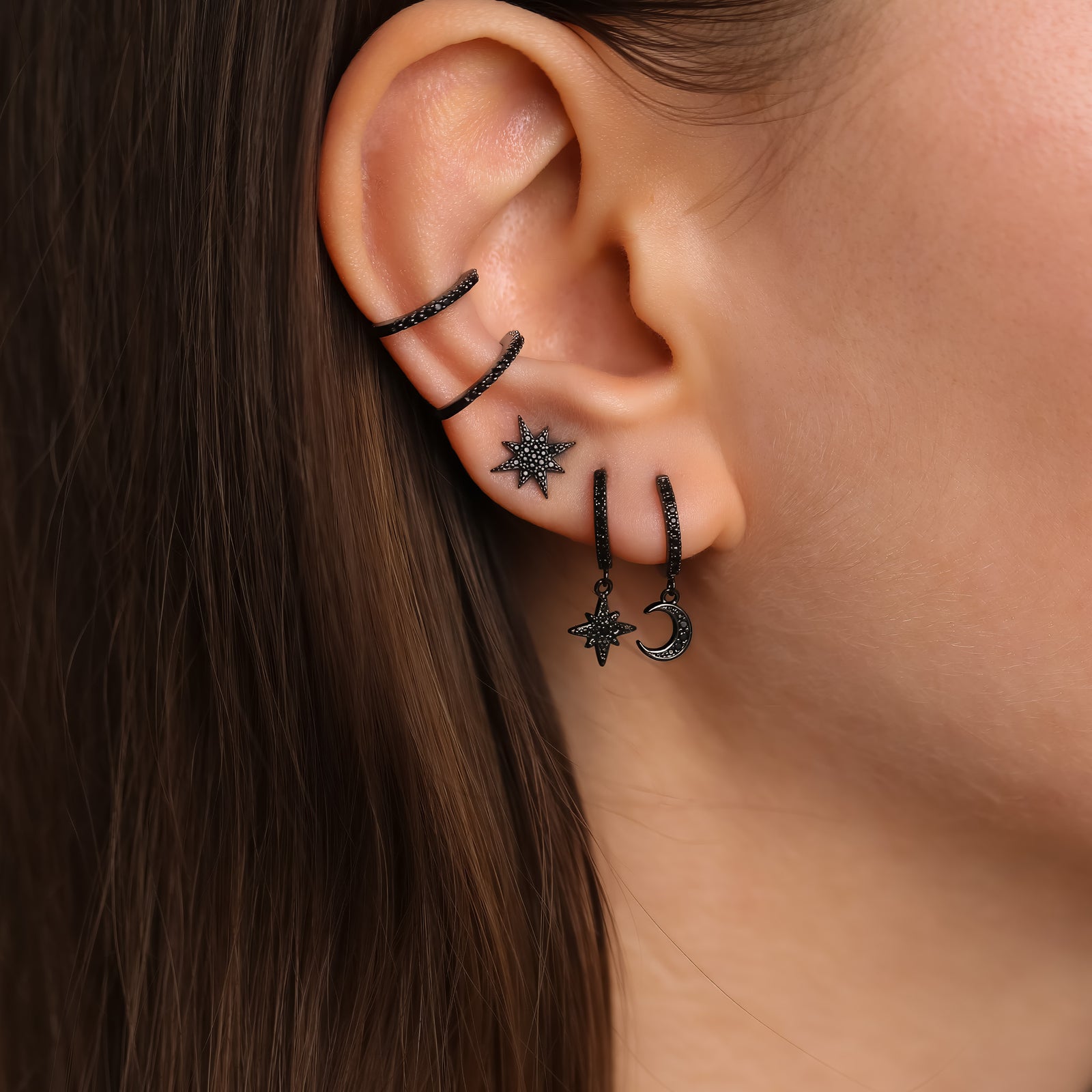 Black Moon & Star Huggie Hoop Earrings