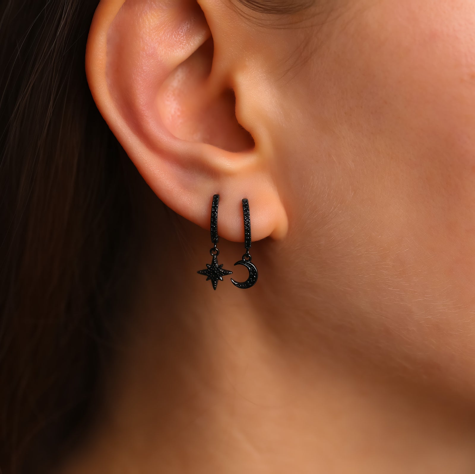 Black Moon & Star Huggie Hoop Earrings