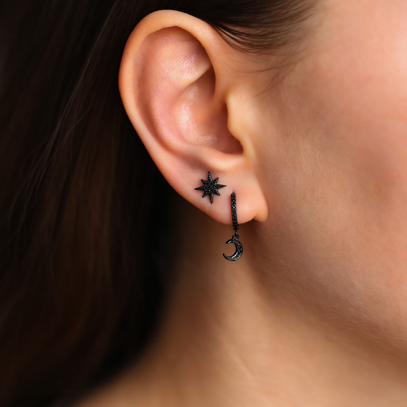 Black Moon & Star Huggie Hoop Earrings