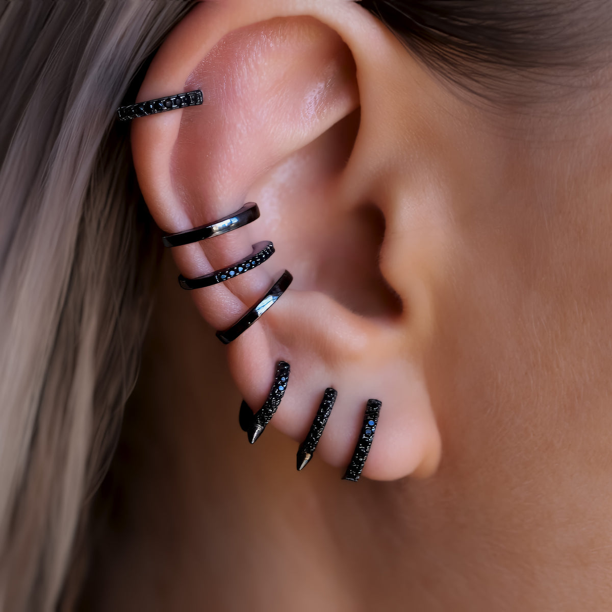 Gothic Spike Huggie Hoop Earrings in Black