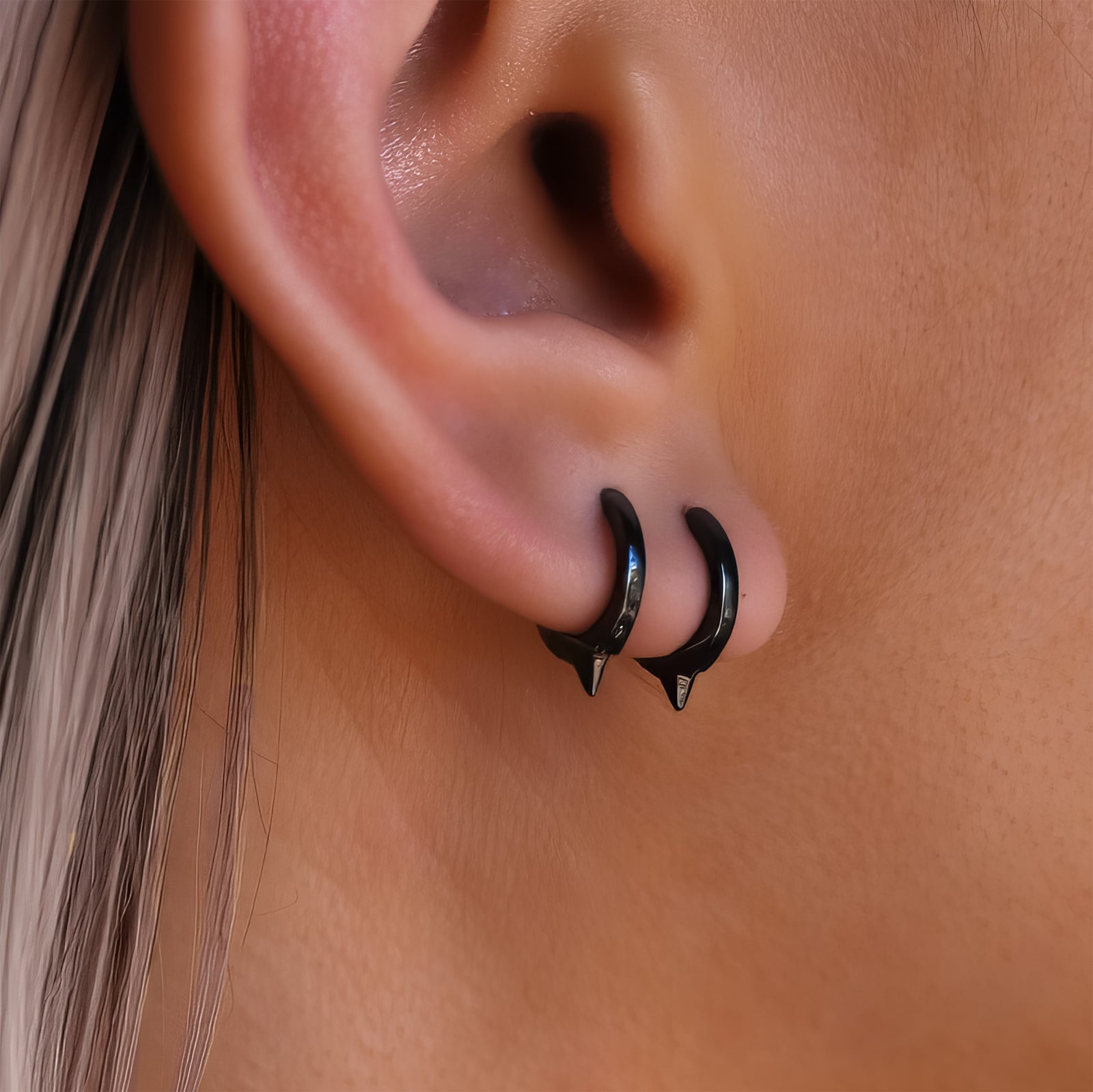 Black Spike Huggie Hoop Earrings for Multiple Piercings