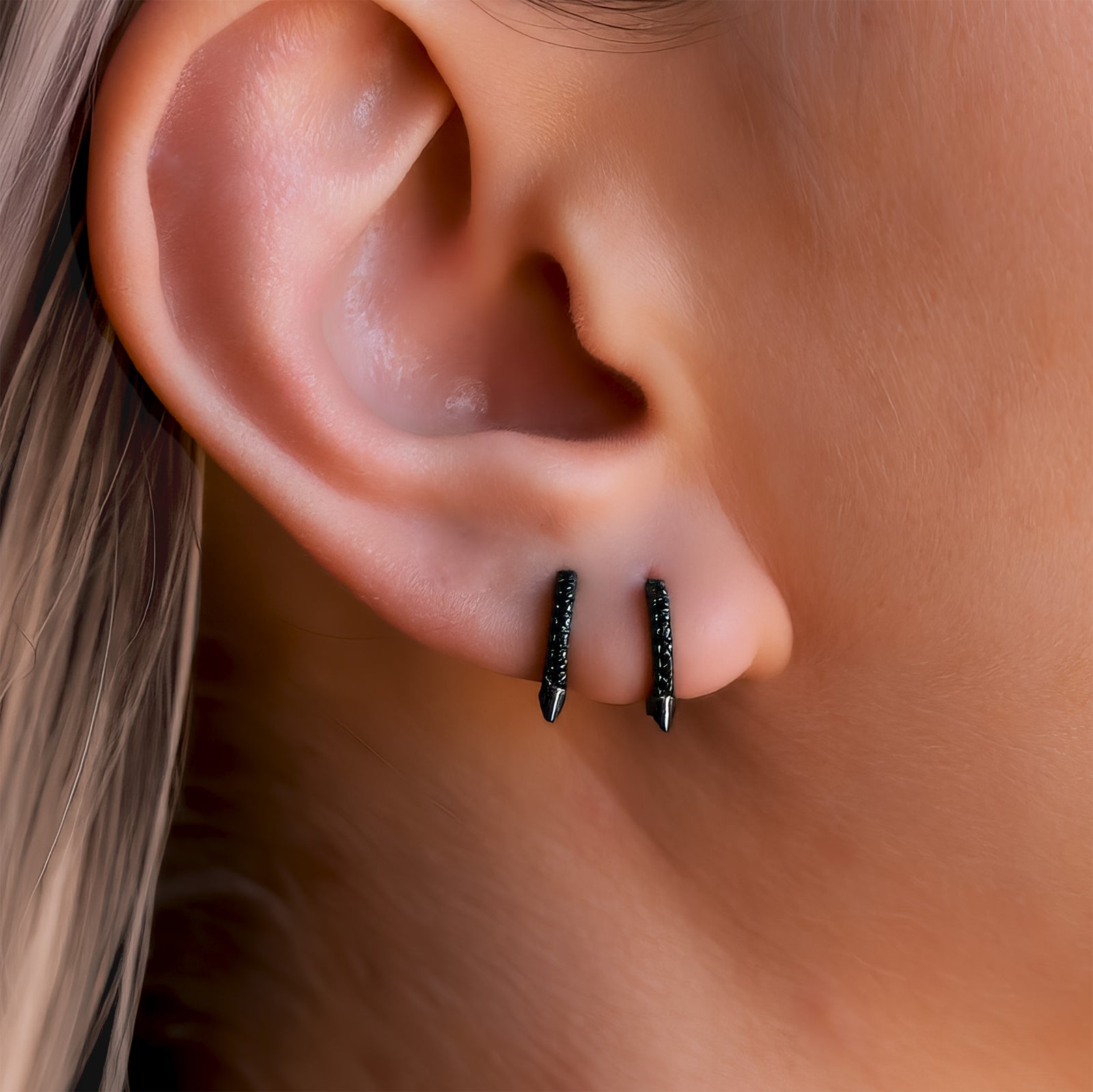 Gothic Spike Huggie Hoop Earrings in Black