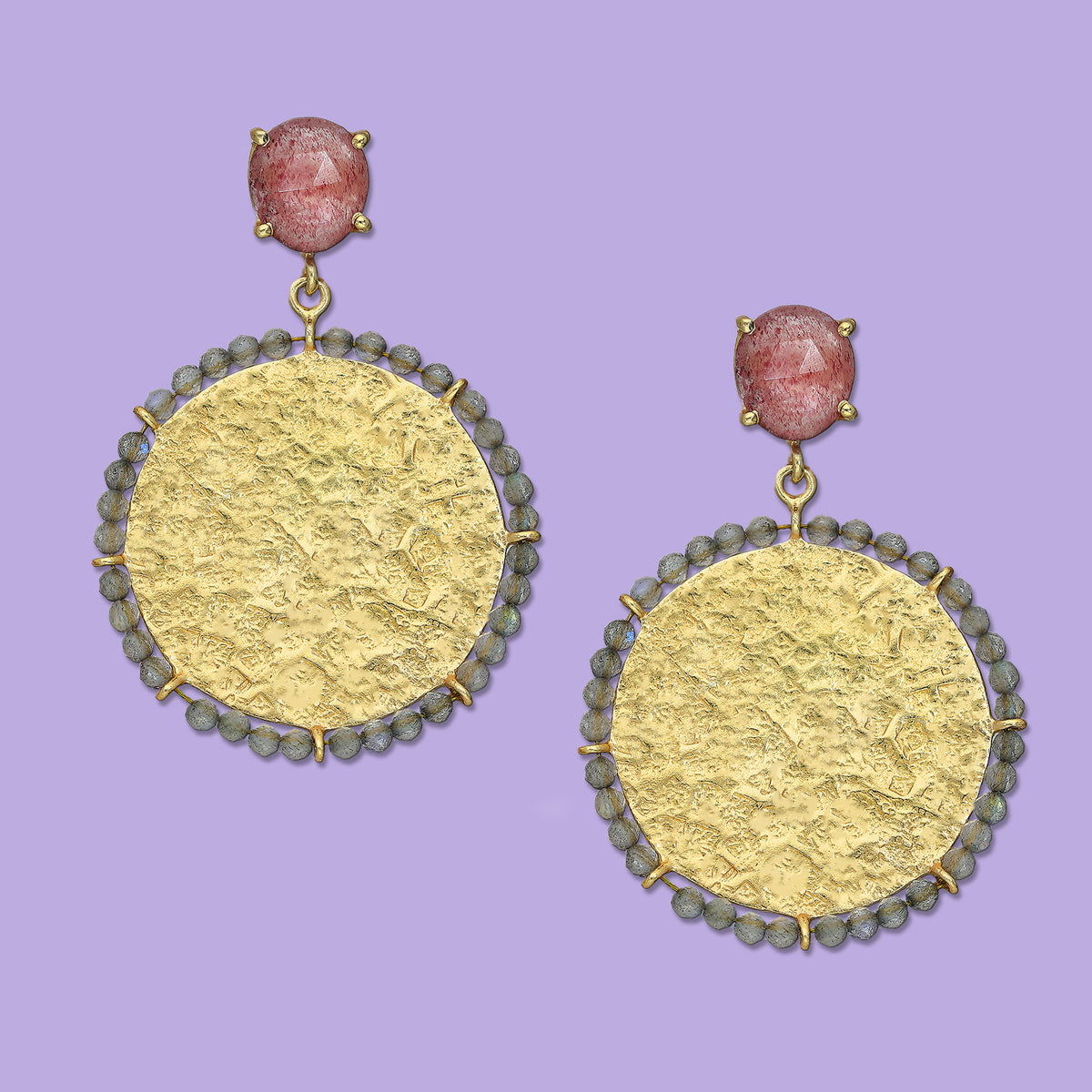 Labradorite stud earrings, gold disk earrings