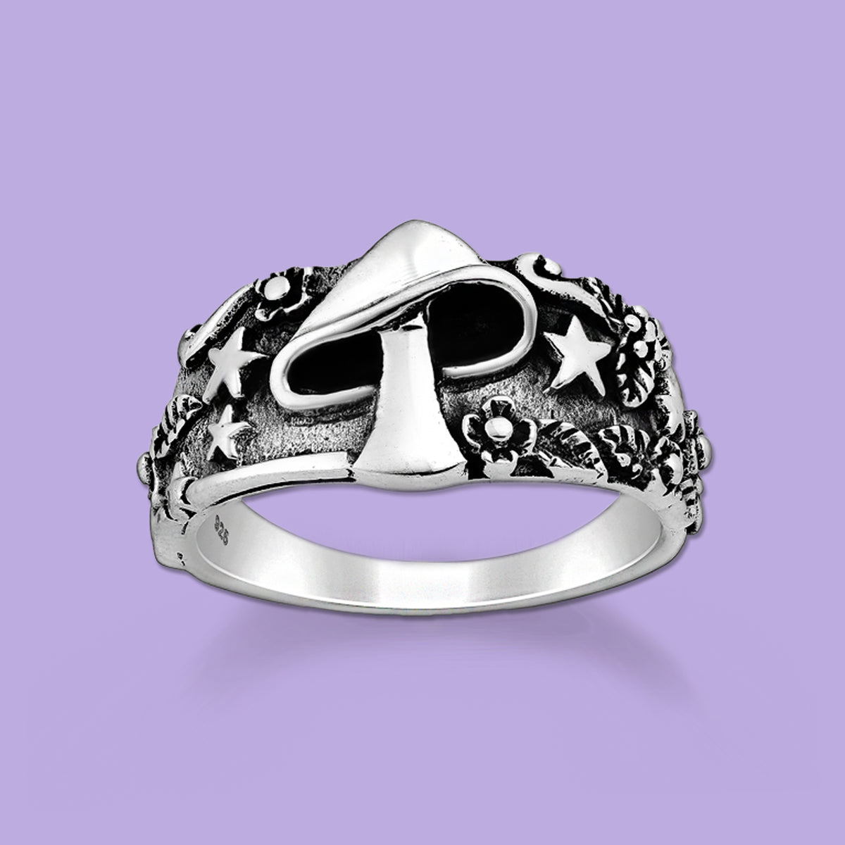 Mushroom, Star and Flower Silver Ring
