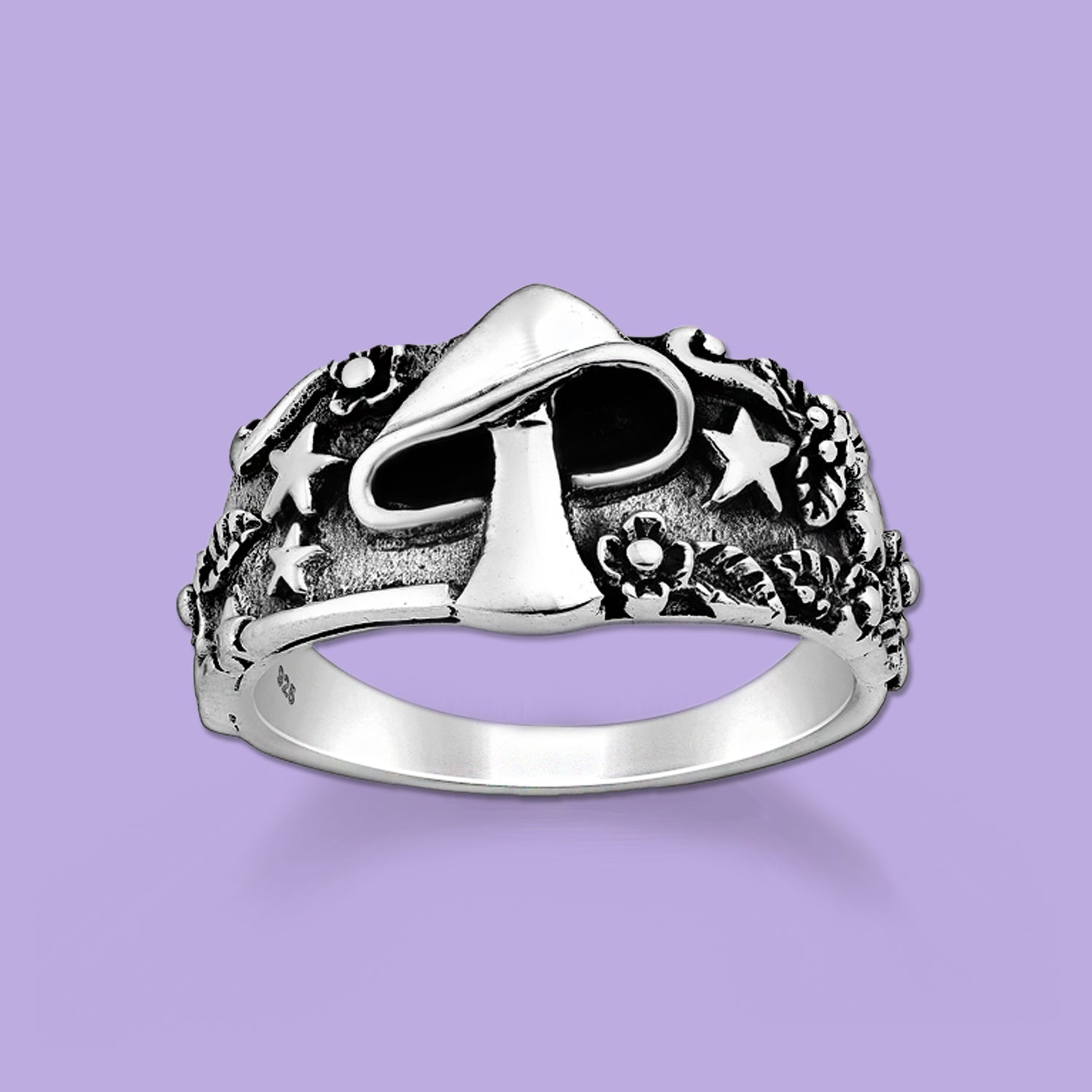 Mushroom, Star and Flower Silver Ring