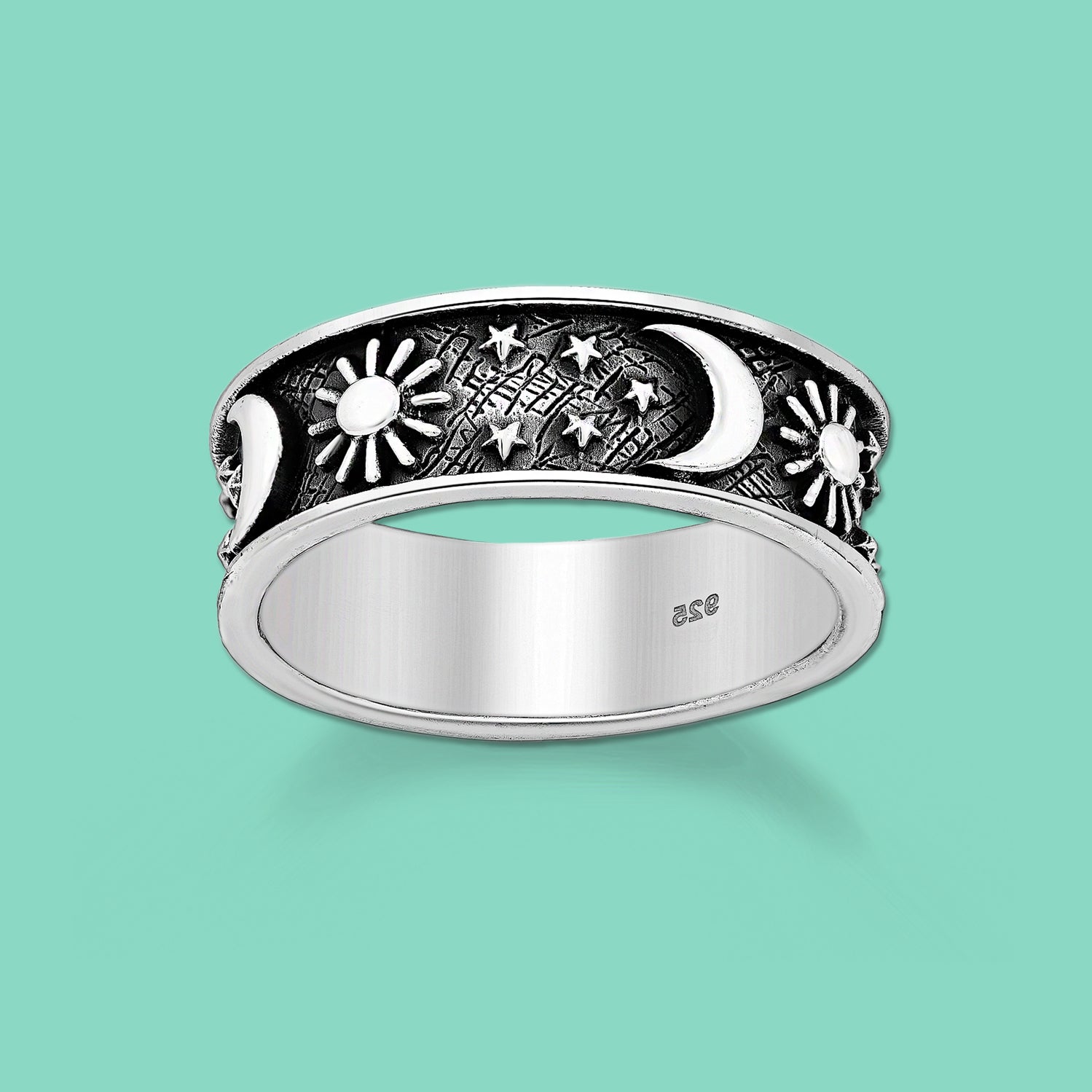 Silver Ring Crescent Moon, Star and Sun