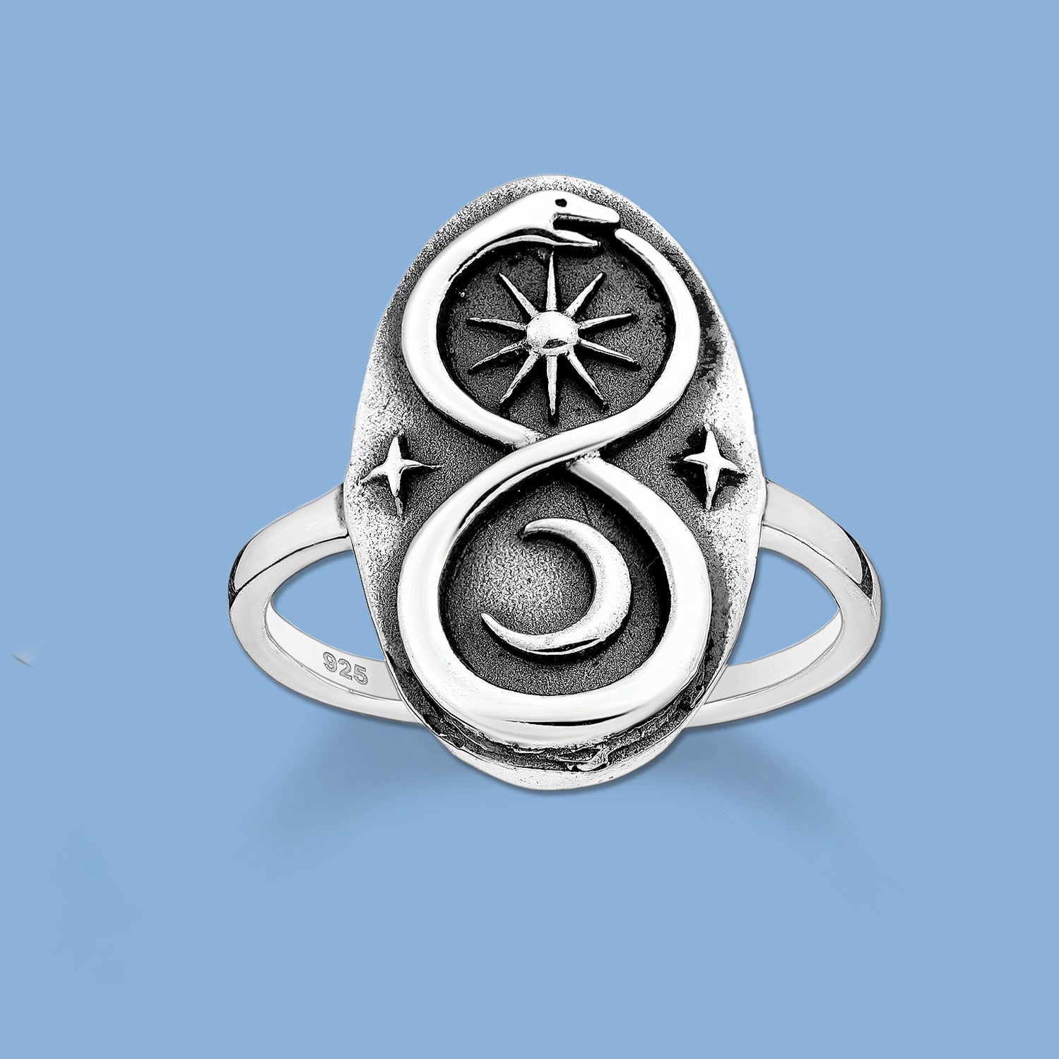  Silver Ring Infinity, Crescent Moon, Ouroboros and Star 