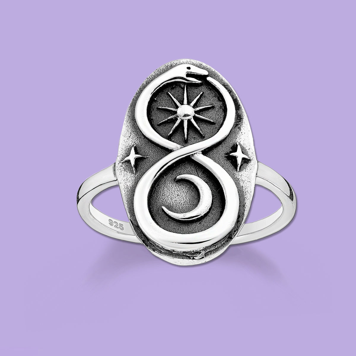  Silver Ring Infinity, Crescent Moon, Ouroboros and Star 