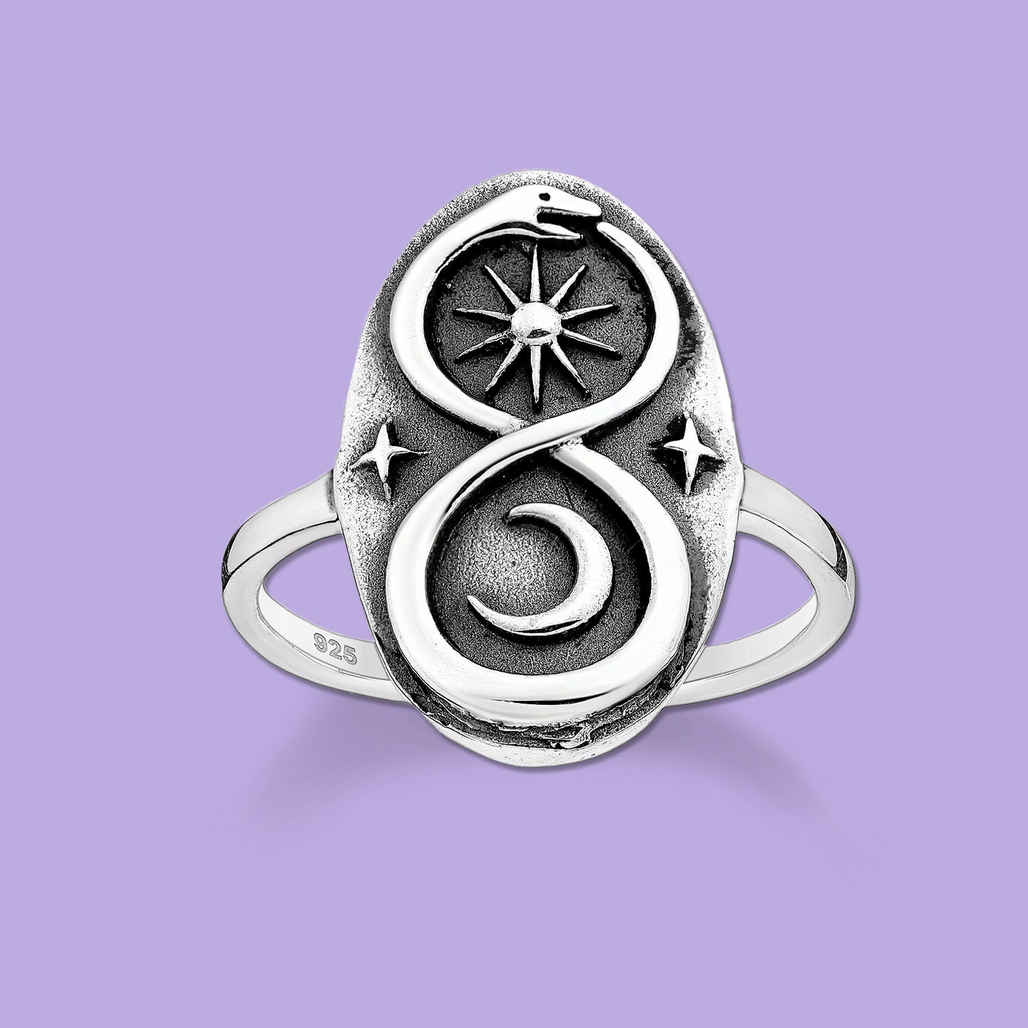  Silver Ring Infinity, Crescent Moon, Ouroboros and Star 