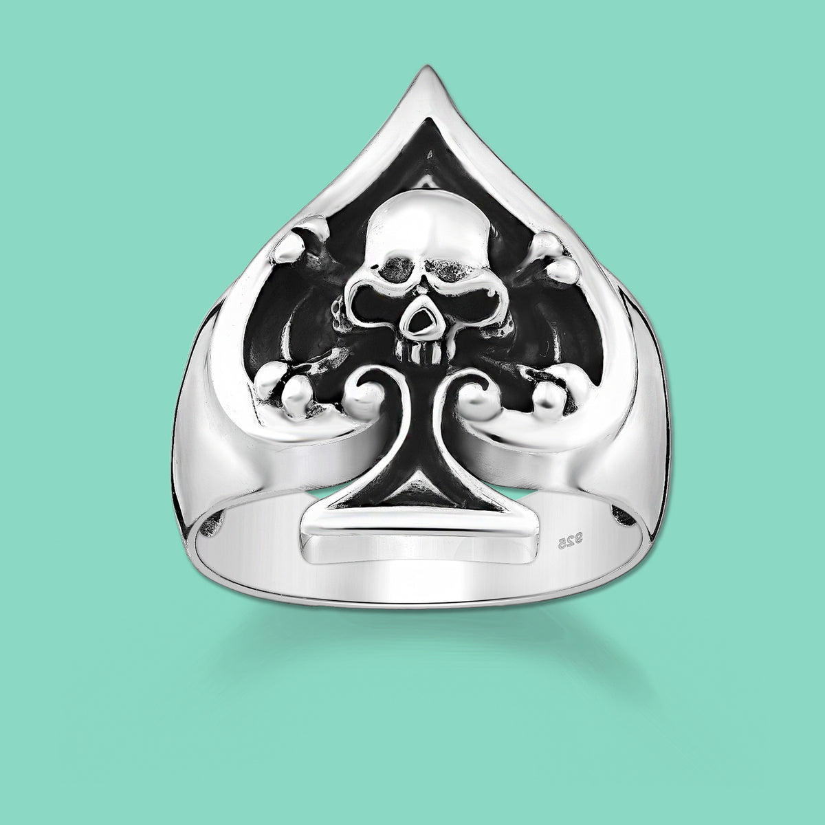 Skull and Spades Card Silver Ring