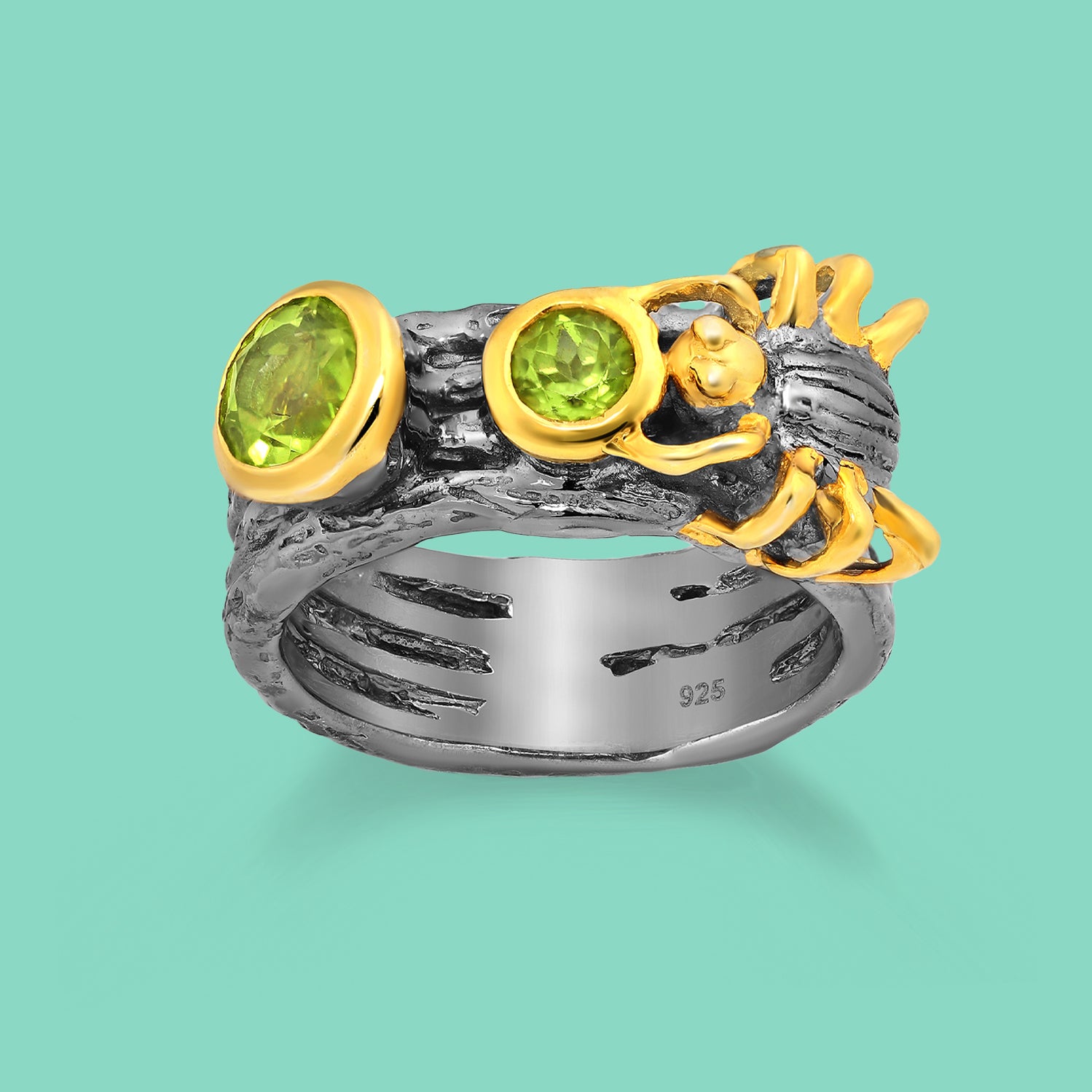  Spider  Ring, Black Ring , Peridots
