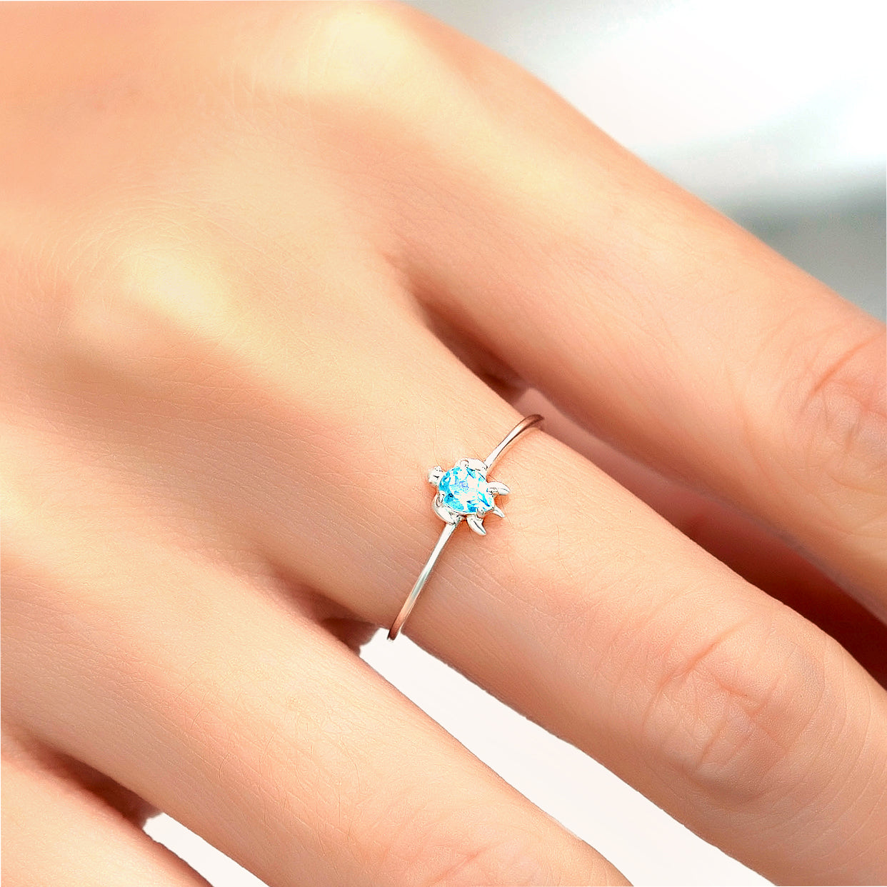 Turtle Silver Ring with Swiss Blue Topaz