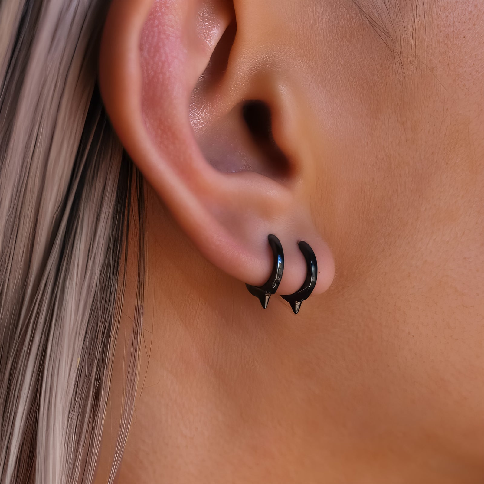 Black Spike Huggie Hoop Earrings for Multiple Piercings